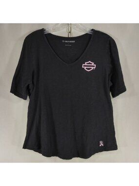Harley Davidson Womens L Black Pink Ribbon Breast Cancer V-Neck Graphic T-Shirt